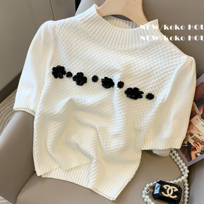 Pulover s lažnim ovratnikom Žensko ljeto 2022. Nova modna majica s perlama s puf rukavima Ženska pletena odjeća sa šljokicama Bijela Siva