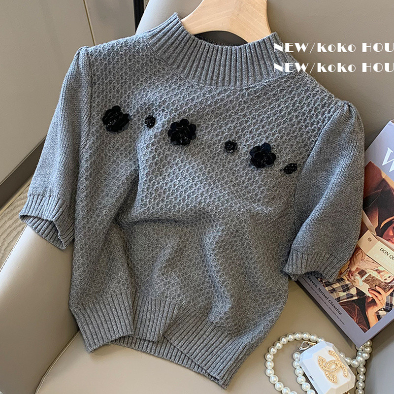 Pulover s lažnim ovratnikom Žensko ljeto 2022. Nova modna majica s perlama s puf rukavima Ženska pletena odjeća sa šljokicama Bijela Siva