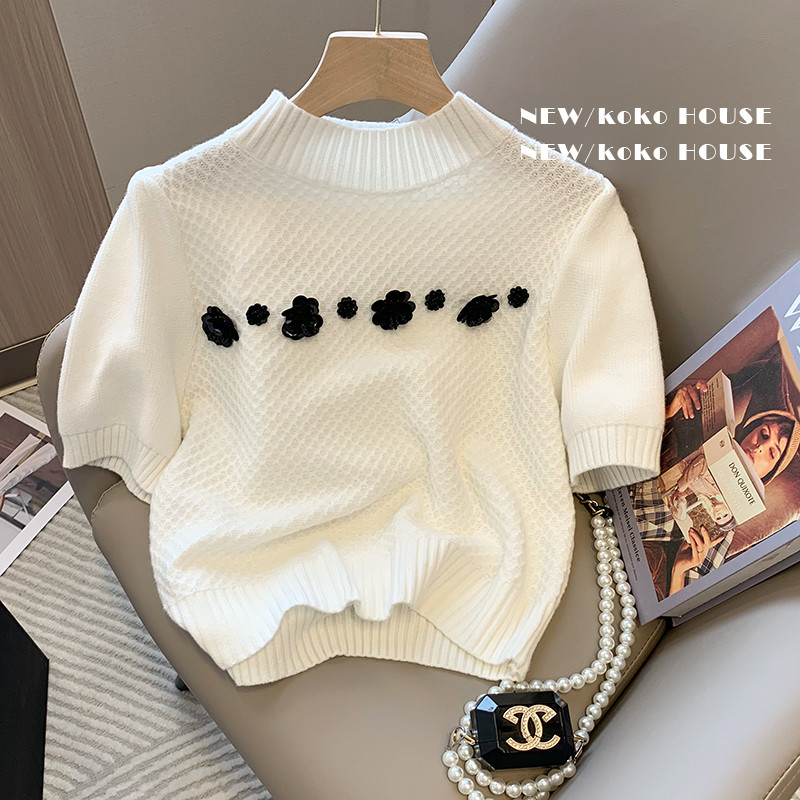 Pulover s lažnim ovratnikom Žensko ljeto 2022. Nova modna majica s perlama s puf rukavima Ženska pletena odjeća sa šljokicama Bijela Siva