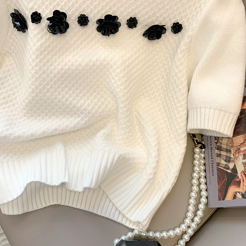 Pulover s lažnim ovratnikom Žensko ljeto 2022. Nova modna majica s perlama s puf rukavima Ženska pletena odjeća sa šljokicama Bijela Siva