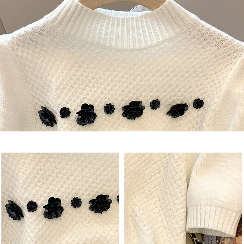 Pulover s lažnim ovratnikom Žensko ljeto 2022. Nova modna majica s perlama s puf rukavima Ženska pletena odjeća sa šljokicama Bijela Siva