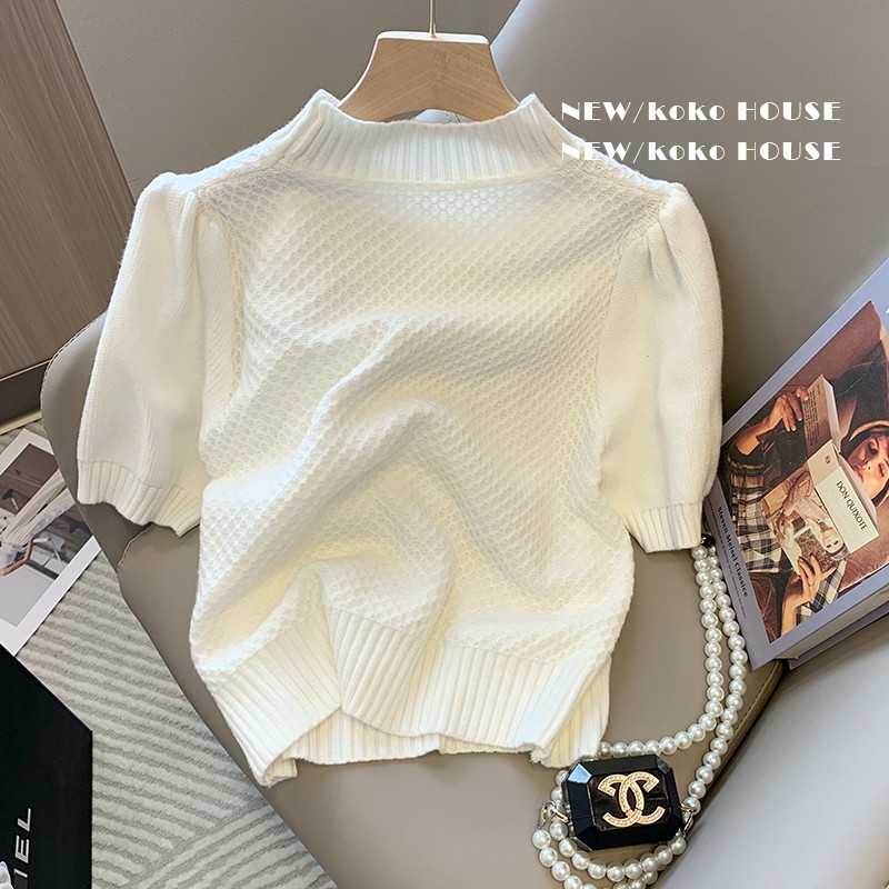 Pulover s lažnim ovratnikom Žensko ljeto 2022. Nova modna majica s perlama s puf rukavima Ženska pletena odjeća sa šljokicama Bijela Siva