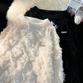 Моден винтидж пуловер с ресни с пискюли, есен и зима Harajuku Lazy Wind Трикотаж с кръгло деколте Топ облекло