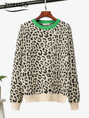 Naiste kampsun, sügistalvise leopardimustriga pikkade varrukatega ümmargune kaelus kudum kampsun, pullover, suur ülaosa, kootud džemprid, kudum