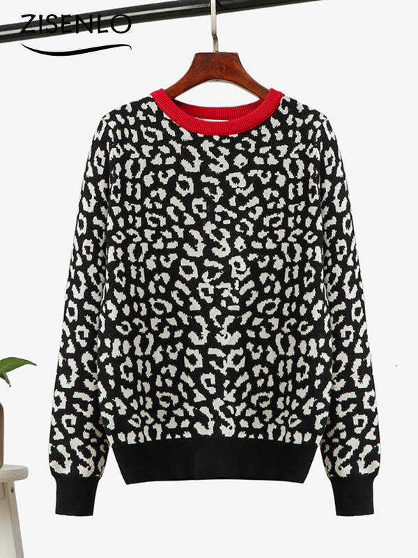 Naiste kampsun, sügistalvise leopardimustriga pikkade varrukatega ümmargune kaelus kudum kampsun, pullover, suur ülaosa, kootud džemprid, kudum