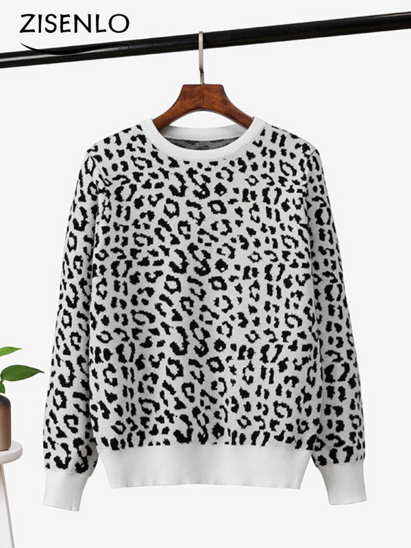 Naiste kampsun, sügistalvise leopardimustriga pikkade varrukatega ümmargune kaelus kudum kampsun, pullover, suur ülaosa, kootud džemprid, kudum