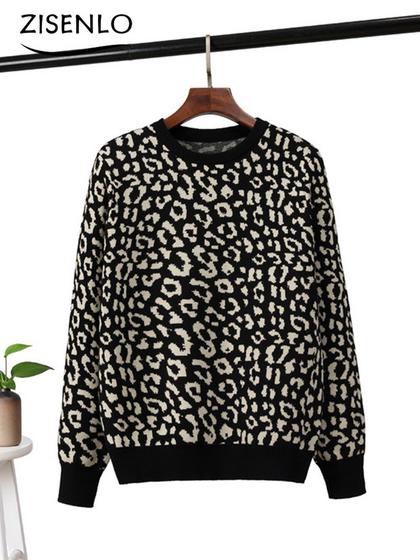 Naiste kampsun, sügistalvise leopardimustriga pikkade varrukatega ümmargune kaelus kudum kampsun, pullover, suur ülaosa, kootud džemprid, kudum