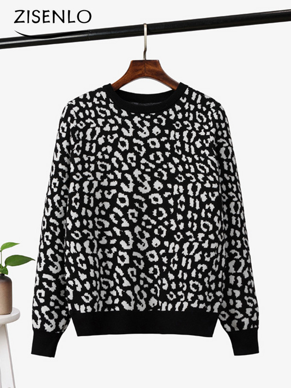 Naiste kampsun, sügistalvise leopardimustriga pikkade varrukatega ümmargune kaelus kudum kampsun, pullover, suur ülaosa, kootud džemprid, kudum