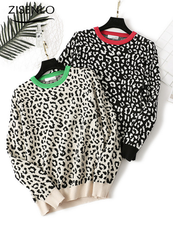 Naiste kampsun, sügistalvise leopardimustriga pikkade varrukatega ümmargune kaelus kudum kampsun, pullover, suur ülaosa, kootud džemprid, kudum