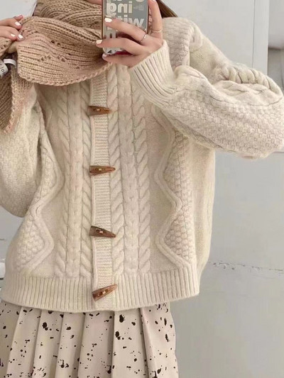 Moetopid 2022 Naiste kampsun Kärbitud kardigan Sügistalv Uus Retro pikkade varrukatega kampsun jakk sarvenööbiga paks pullover