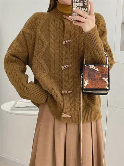 Moetopid 2022 Naiste kampsun Kärbitud kardigan Sügistalv Uus Retro pikkade varrukatega kampsun jakk sarvenööbiga paks pullover