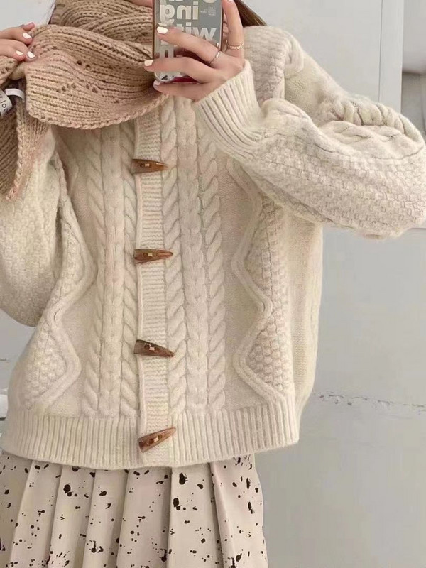 Moetopid 2022 Naiste kampsun Kärbitud kardigan Sügistalv Uus Retro pikkade varrukatega kampsun jakk sarvenööbiga paks pullover