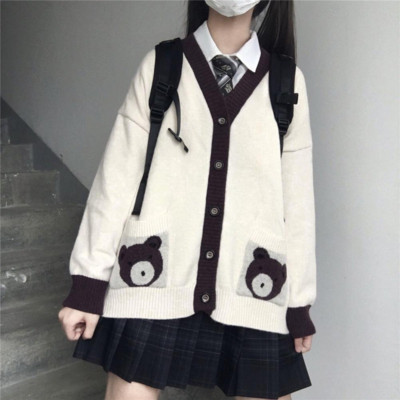 Deeptown Ženski džemper s printom medvjeda u japanskom stilu JK V-izrez Ogroman pleteni džemper Ženski elegantni modni kawaii kaputi