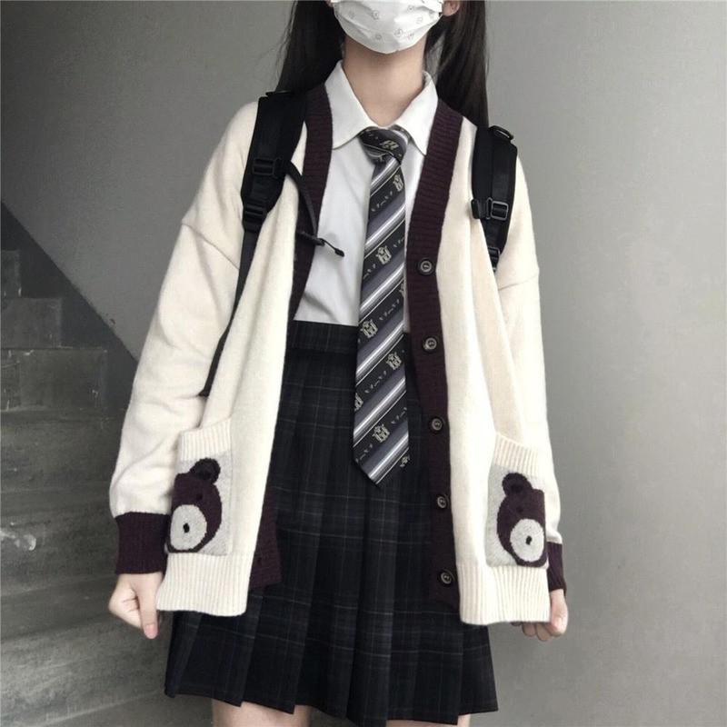 Deeptown Ženski džemper s printom medvjeda u japanskom stilu JK V-izrez Ogroman pleteni džemper Ženski elegantni modni kawaii kaputi