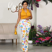 Πολύχρωμο καρό φλοράλ στάμπα παντελόνι Flare για γυναίκες Ψηλόμεσο παντελόνι Streetwear Ελαστικό παντελόνι καθημερινής κοπής μπότας Pantalon Femme