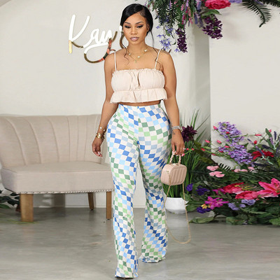 Πολύχρωμο καρό φλοράλ στάμπα παντελόνι Flare για γυναίκες Ψηλόμεσο παντελόνι Streetwear Ελαστικό παντελόνι καθημερινής κοπής μπότας Pantalon Femme