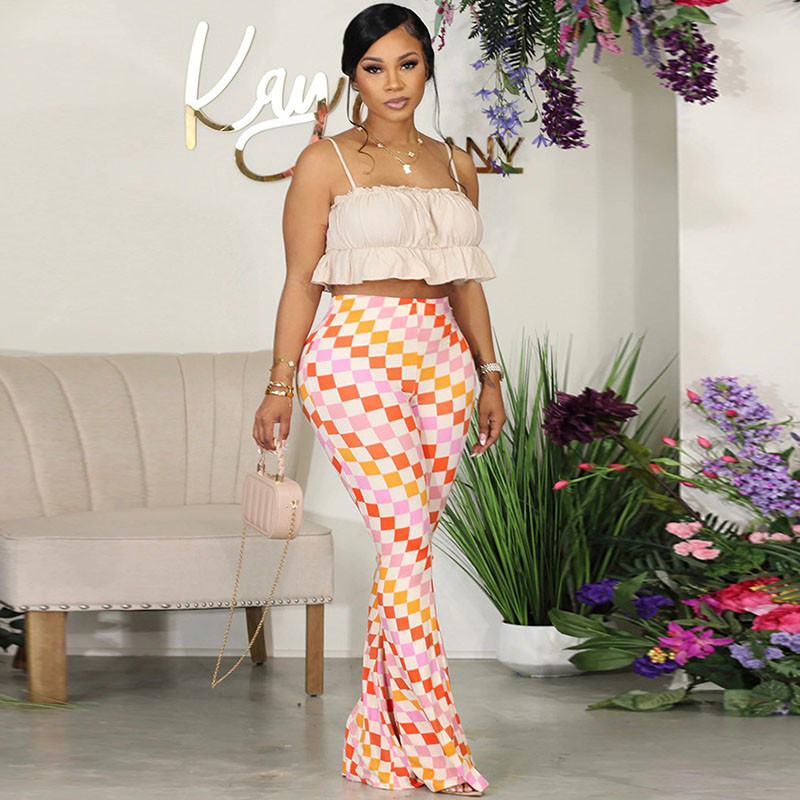 Πολύχρωμο καρό φλοράλ στάμπα παντελόνι Flare για γυναίκες Ψηλόμεσο παντελόνι Streetwear Ελαστικό παντελόνι καθημερινής κοπής μπότας Pantalon Femme