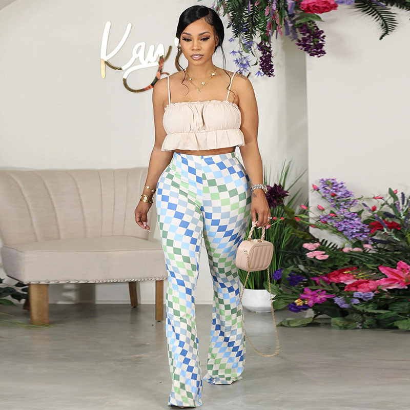Πολύχρωμο καρό φλοράλ στάμπα παντελόνι Flare για γυναίκες Ψηλόμεσο παντελόνι Streetwear Ελαστικό παντελόνι καθημερινής κοπής μπότας Pantalon Femme