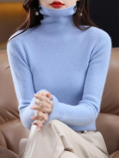 Ženski pleteni pulover s dolčevitom od 100% čiste vune, kvalitetna jesen, zima, ženski pleteni pulover s modnim prugama, tople i udobne majice