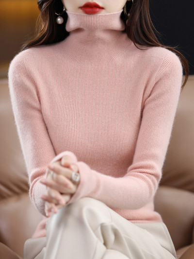 Ženski pleteni pulover s dolčevitom od 100% čiste vune, kvalitetna jesen, zima, ženski pleteni pulover s modnim prugama, tople i udobne majice