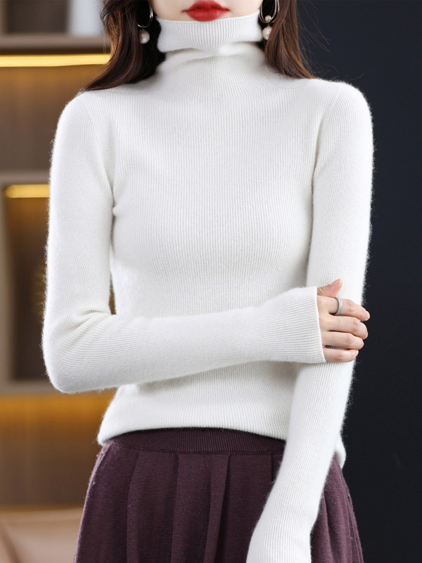 Ženski pleteni pulover s dolčevitom od 100% čiste vune, kvalitetna jesen, zima, ženski pleteni pulover s modnim prugama, tople i udobne majice