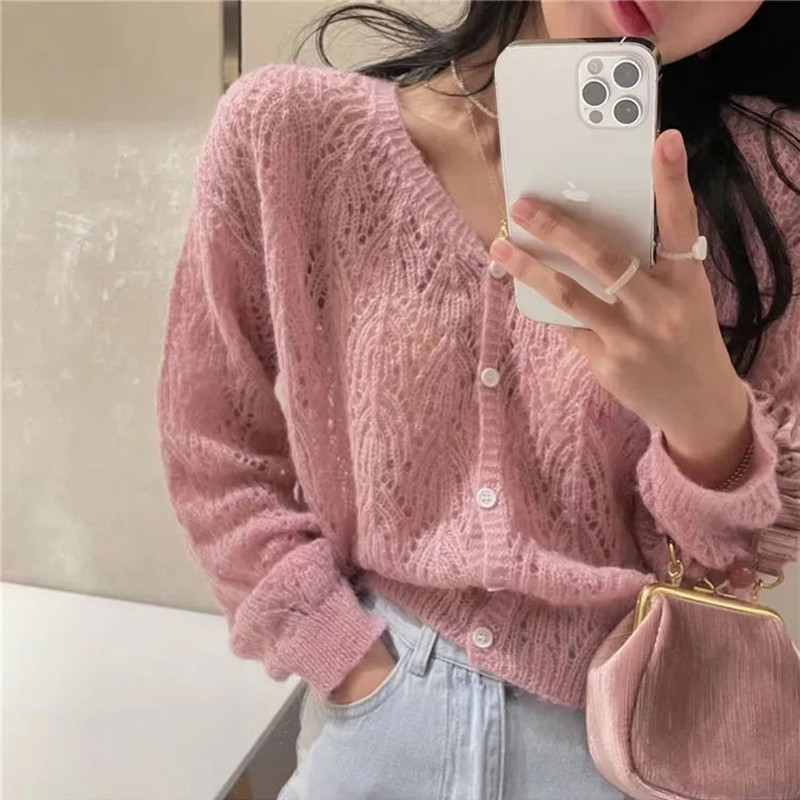 Casual õrn suvine õõnes kevadine kampsun kampsun jakk erekollane kommivärv Täiesti sobiv Basic 2021 uus