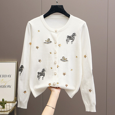 Ζακέτα ανοιξιάτικη γυναικεία κορεάτικη μόδα κέντημα άλογο χαριτωμένα πλεκτά ζακέτες μακρυμάνικο μπλουζάκια πουλόβερ ζακέτα feminino