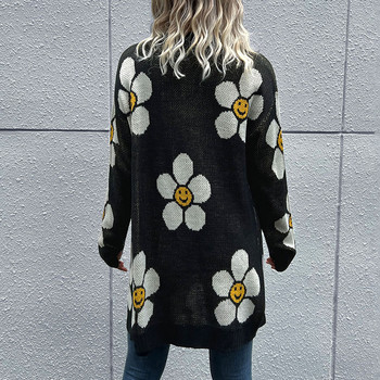 Floral Smile Cardigan 2023 Ανοιξιάτικη Πλεκτή Γυναικεία με λαιμόκοψη V Φθινοπωρινό, Χειμώνα Κομψό Μαύρα Εξωτερικά Ενδύματα Maxi Y2k Πουλόβερ Μαλακό μπουφάν