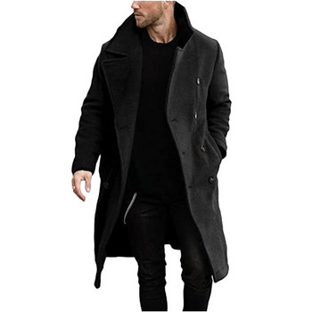 Едноцветно вълнено палто до коляното, мъжко прилепнало дълго палто есен/зима 2023 г., вълнен тренчкот със средна дължина, мъжки палта