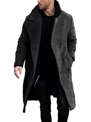 Едноцветно вълнено палто до коляното, мъжко прилепнало дълго палто есен/зима 2023 г., вълнен тренчкот със средна дължина, мъжки палта