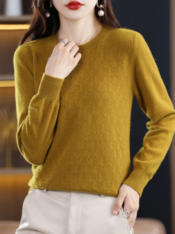 Aliselect Πουλόβερ από 100% καθαρό μαλλί κασμίρ Γυναικείο πουλόβερ με λαιμόκοψη κούφιο πλεκτό μπλουζάκι φθινόπωρο/χειμωνιάτικο γυναικείο μπουφάν