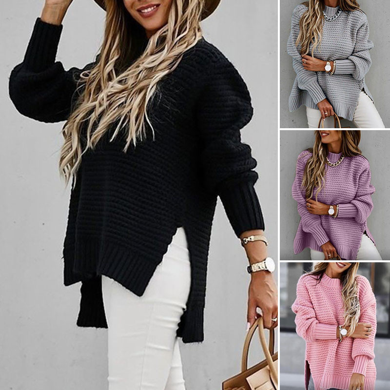 Pulover de iarnă vintage pentru femei cu gât simulat Pulover tricotat, în formă solidă, pentru femei, Harajuku, retro, multicolore, mărime mare 3XL