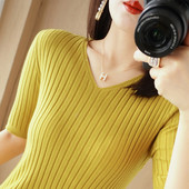 Casual γυναικείο πουλόβερ μπλουζάκι άνοιξη καλοκαίρι με κοντό μανίκι πλεκτό με λαιμόκοψη V με ρίγες πλεκτές μπλούζες με λεπτή εφαρμογή Κορεάτικο πουκάμισο πουλόβερ με μαχαιροπίρουνα