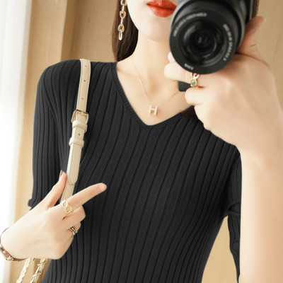 Casual γυναικείο πουλόβερ μπλουζάκι άνοιξη καλοκαίρι με κοντό μανίκι πλεκτό με λαιμόκοψη V με ρίγες πλεκτές μπλούζες με λεπτή εφαρμογή Κορεάτικο πουκάμισο πουλόβερ με μαχαιροπίρουνα