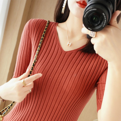 Casual γυναικείο πουλόβερ μπλουζάκι άνοιξη καλοκαίρι με κοντό μανίκι πλεκτό με λαιμόκοψη V με ρίγες πλεκτές μπλούζες με λεπτή εφαρμογή Κορεάτικο πουκάμισο πουλόβερ με μαχαιροπίρουνα