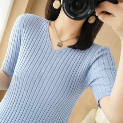 Casual γυναικείο πουλόβερ μπλουζάκι άνοιξη καλοκαίρι με κοντό μανίκι πλεκτό με λαιμόκοψη V με ρίγες πλεκτές μπλούζες με λεπτή εφαρμογή Κορεάτικο πουκάμισο πουλόβερ με μαχαιροπίρουνα