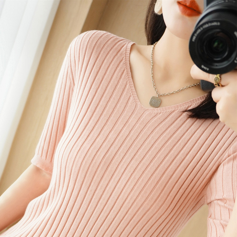 Casual γυναικείο πουλόβερ μπλουζάκι άνοιξη καλοκαίρι με κοντό μανίκι πλεκτό με λαιμόκοψη V με ρίγες πλεκτές μπλούζες με λεπτή εφαρμογή Κορεάτικο πουκάμισο πουλόβερ με μαχαιροπίρουνα