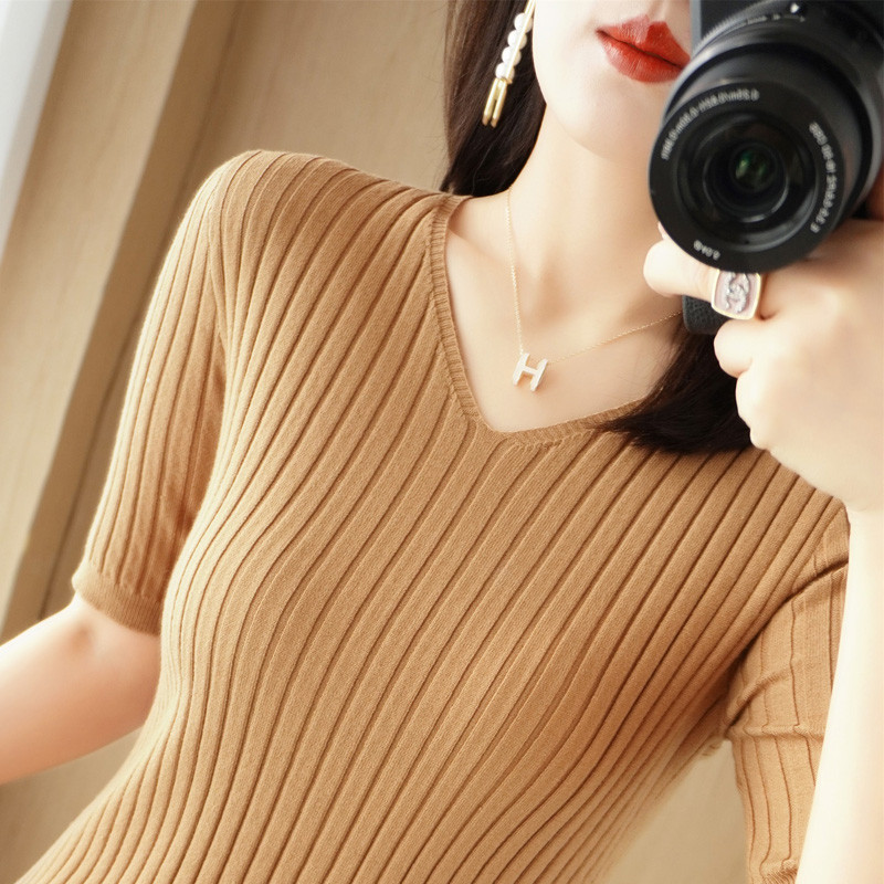 Casual γυναικείο πουλόβερ μπλουζάκι άνοιξη καλοκαίρι με κοντό μανίκι πλεκτό με λαιμόκοψη V με ρίγες πλεκτές μπλούζες με λεπτή εφαρμογή Κορεάτικο πουκάμισο πουλόβερ με μαχαιροπίρουνα