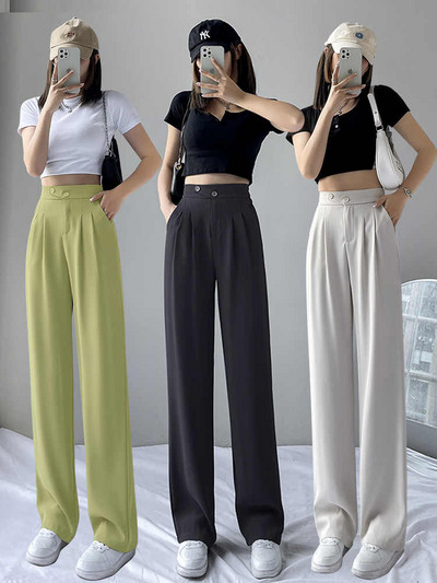 Καλοκαιρινό καθημερινό παντελόνι ψηλόμεσο φαρδύ φαρδύ πόδι Y2k για Κορεάτικη μόδα Γυναικεία Λευκά Κοστούμια Παντελόνια Γυναικεία Μακρύ Παντελόνι