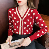 Vintage Korea kampsun Moodne kardigan V kaelusega Armastus Südame Kontrastvärvi Kootud Kampsunid Top Teemantidega Nööbid Magusad Kampsunid