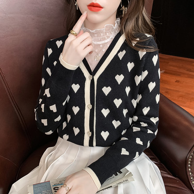 Vintage Korea kampsun Moodne kardigan V kaelusega Armastus Südame Kontrastvärvi Kootud Kampsunid Top Teemantidega Nööbid Magusad Kampsunid