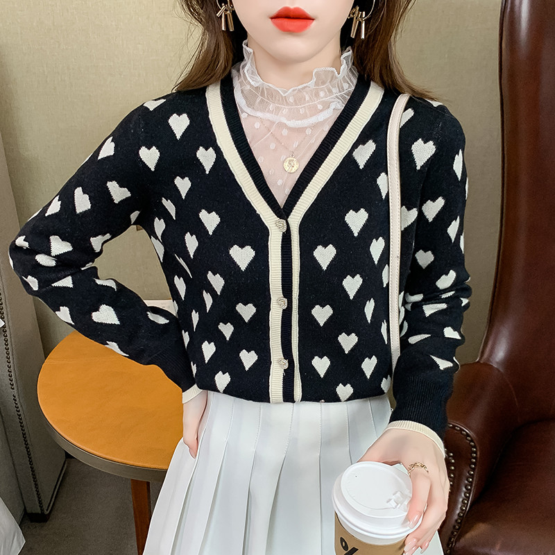 Vintage Korea kampsun Moodne kardigan V kaelusega Armastus Südame Kontrastvärvi Kootud Kampsunid Top Teemantidega Nööbid Magusad Kampsunid