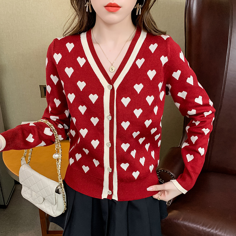 Vintage Korea kampsun Moodne kardigan V kaelusega Armastus Südame Kontrastvärvi Kootud Kampsunid Top Teemantidega Nööbid Magusad Kampsunid