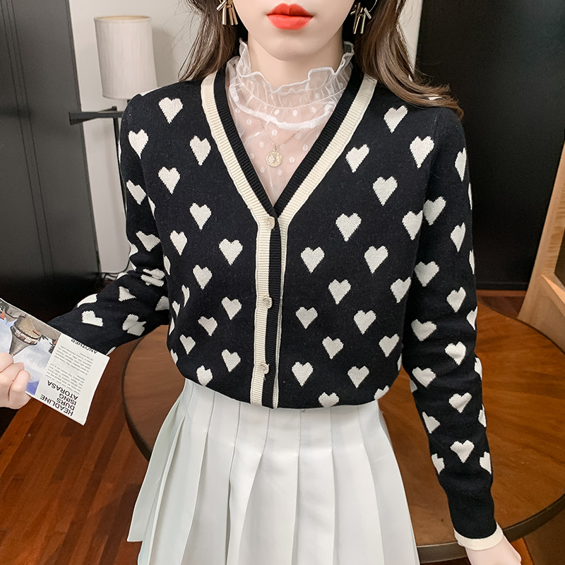 Vintage Korea kampsun Moodne kardigan V kaelusega Armastus Südame Kontrastvärvi Kootud Kampsunid Top Teemantidega Nööbid Magusad Kampsunid
