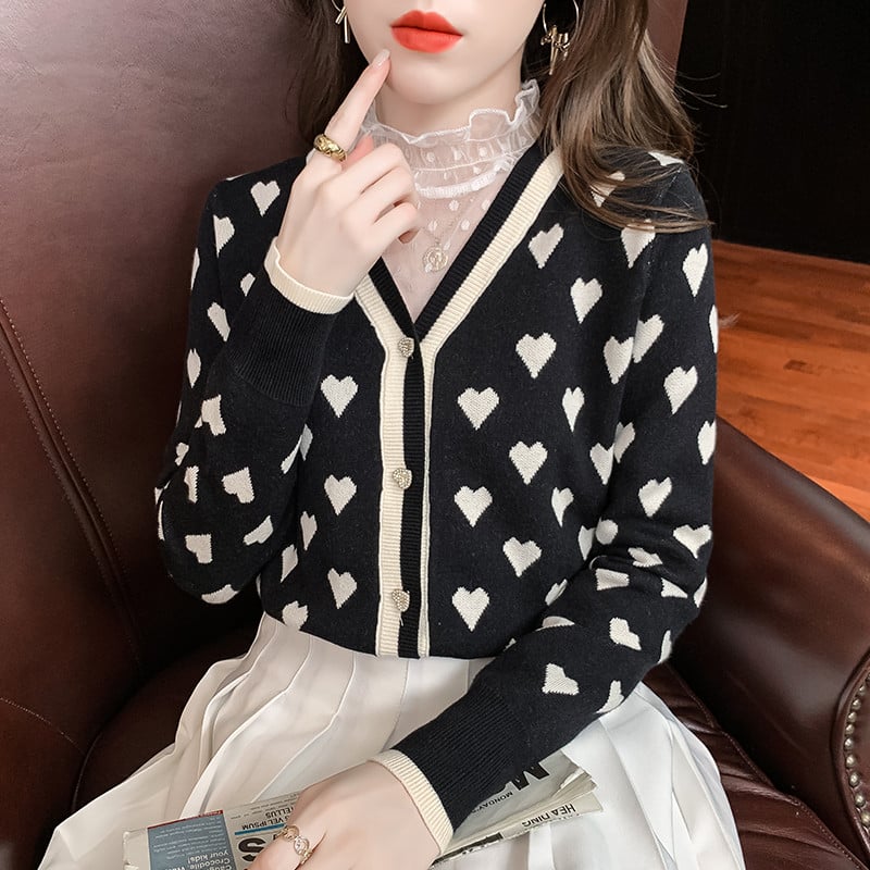 Vintage Korea kampsun Moodne kardigan V kaelusega Armastus Südame Kontrastvärvi Kootud Kampsunid Top Teemantidega Nööbid Magusad Kampsunid