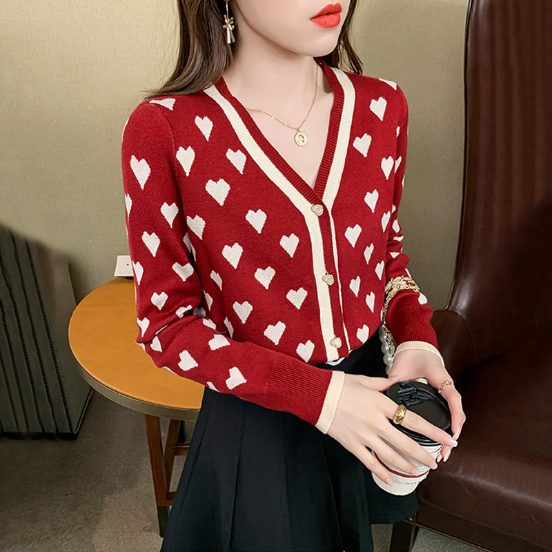 Vintage Korea kampsun Moodne kardigan V kaelusega Armastus Südame Kontrastvärvi Kootud Kampsunid Top Teemantidega Nööbid Magusad Kampsunid