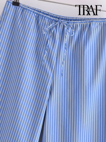 Vintage μεσαία ελαστική μέση με κορδόνι γυναικείο παντελόνι Mujer TRAF Γυναικείες τσέπες στο πλάι σε όλο το μήκος Ριγέ παντελόνι