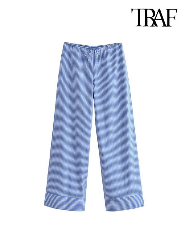 Vintage μεσαία ελαστική μέση με κορδόνι γυναικείο παντελόνι Mujer TRAF Γυναικείες τσέπες στο πλάι σε όλο το μήκος Ριγέ παντελόνι