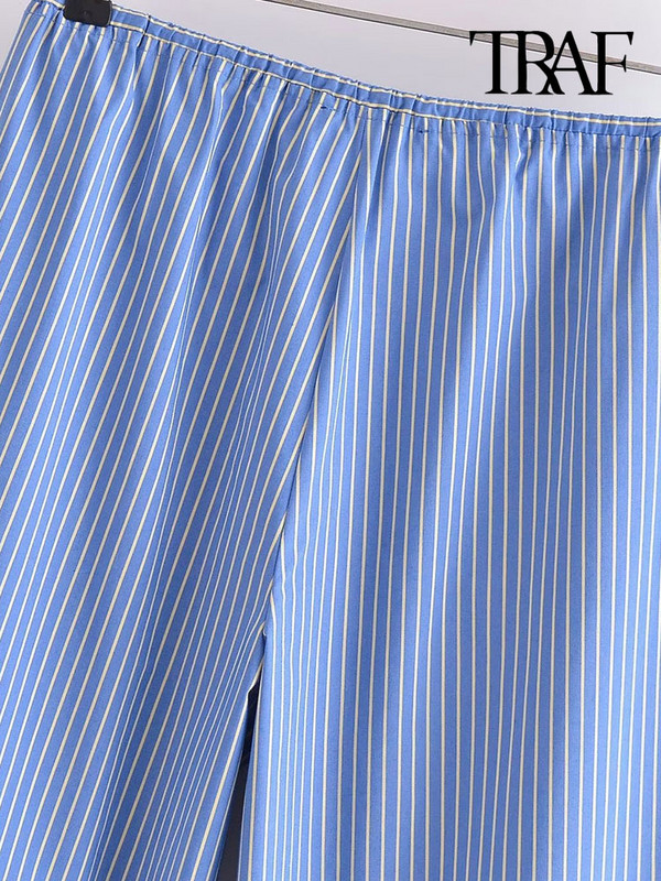 Vintage μεσαία ελαστική μέση με κορδόνι γυναικείο παντελόνι Mujer TRAF Γυναικείες τσέπες στο πλάι σε όλο το μήκος Ριγέ παντελόνι