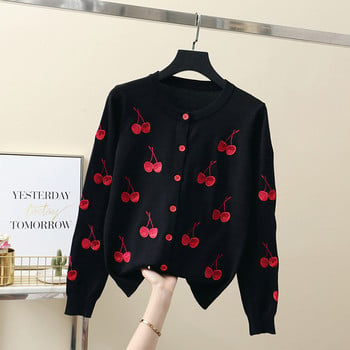 Корейски моден плетен пуловер Жилетка Feminino Sweet Cherry Embroidery Cardigans Топове Късо яке Casaco Feminino с дълъг ръкав